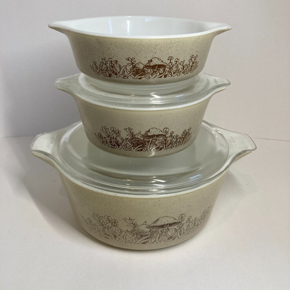 Vintage Pyrex Forest Fancies Mushroom 475-B 472 471 Casserole Dish W Lids Set 3
